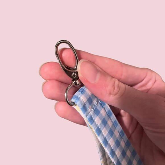 Handmade Blue Gingham Plaid & Floral Wristlet Keychain - Picture 2 of 3